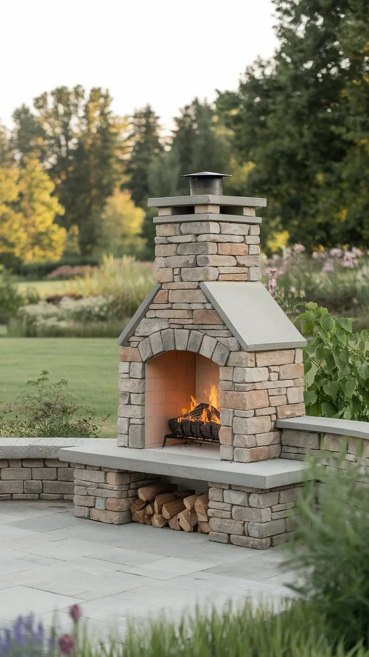 Imagine crisp evenings spent beside this inviting yard fireplace. This small backyard fireplace, also perfect as a patio fireplace or outdoor fire pit, offers a warm and welcoming ambiance to your outdoor living space.  Its stone construction adds a touch of rustic elegance, while its compact size makes it ideal for smaller gardens.  Consider the convenience of an electric outdoor fireplace or the traditional charm of a wood-burning option; either way, this garden fireplace transforms your outdoor chimenea into a magical retreat.  The adjacent bench provides the perfect spot to unwind and enjoy the crackling flames.
