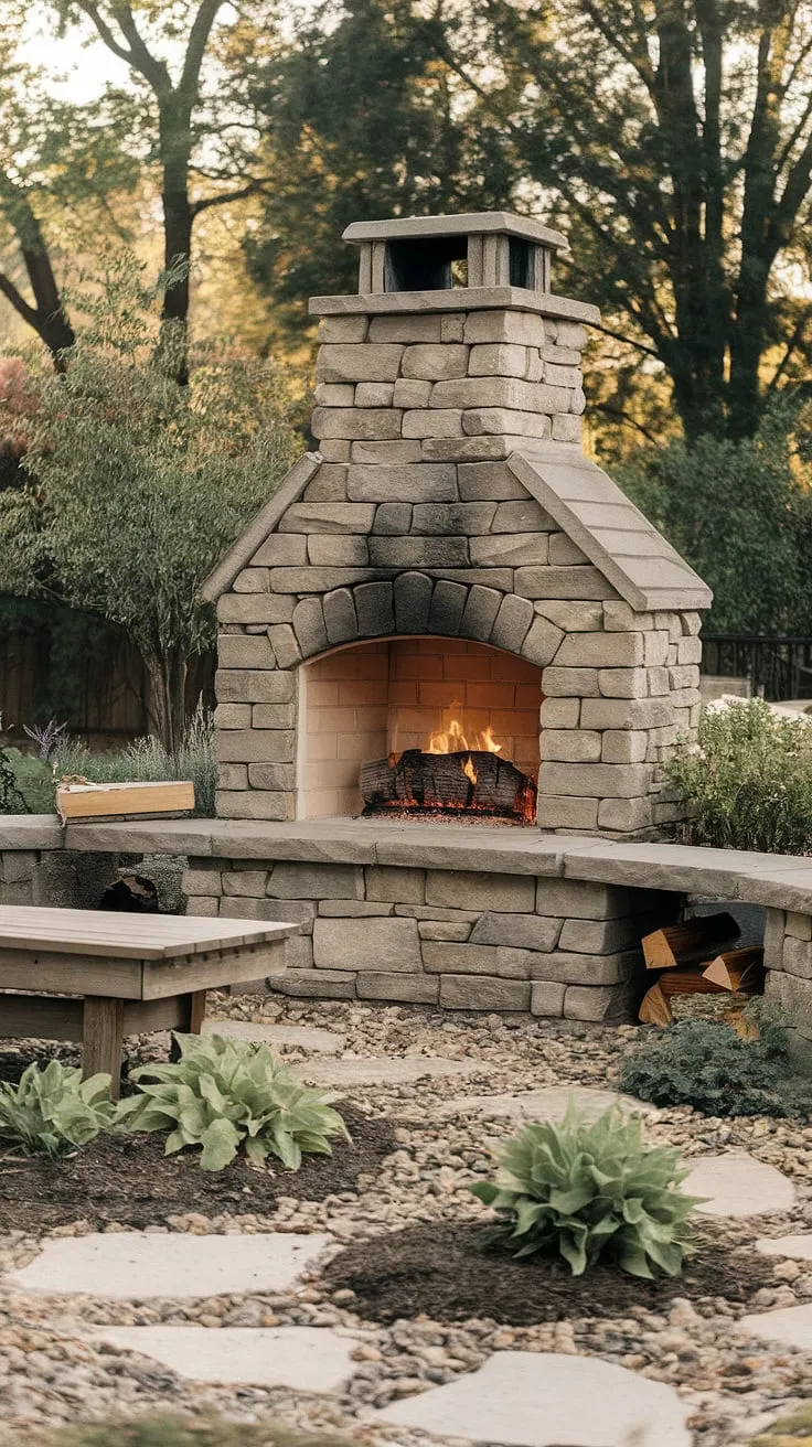 Imagine crisp autumn evenings spent beside this charming garden fireplace, the warmth radiating outwards into your cozy outdoor living space. This small backyard fireplace, perfect for even the smallest of yards, offers the ambiance of a much larger outdoor fire pit, creating an inviting patio fireplace experience.  Its stone construction adds a touch of rustic elegance, while the nearby bench provides the perfect spot to relax and enjoy the crackling flames.  Whether you're considering an electric outdoor fireplace or a traditional outdoor chimenea, this design proves that a luxurious outdoor fireplace can be achieved in any space.