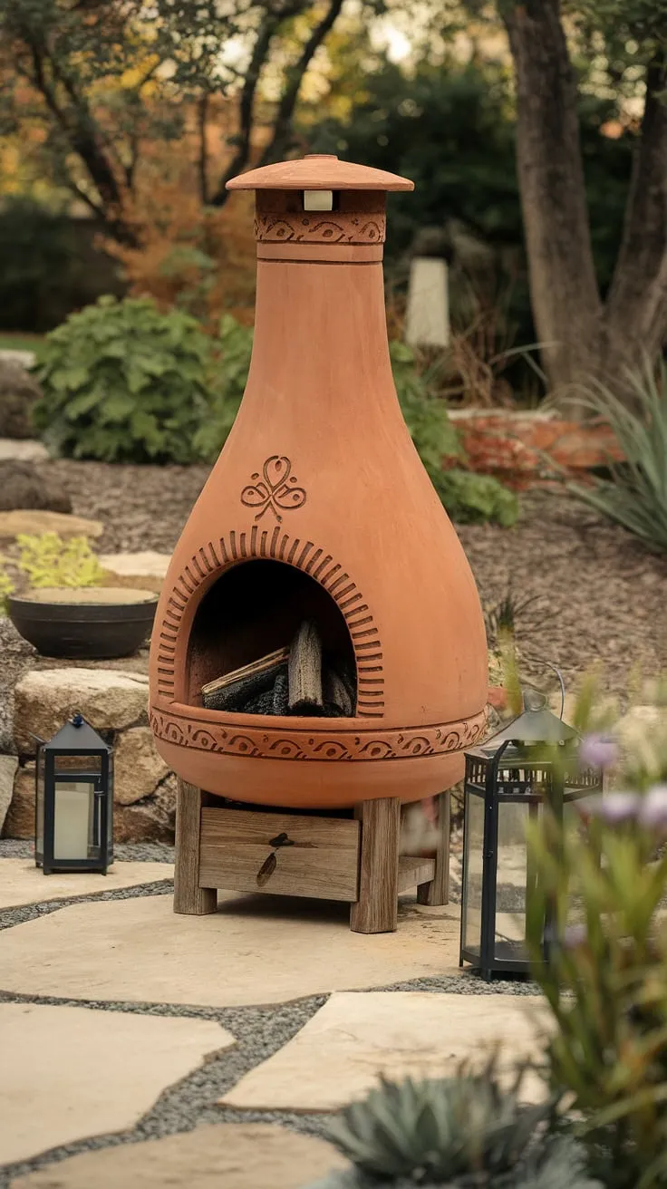 Cozy nights await by this charming outdoor chimenea, the perfect small space fireplace for creating a warm and inviting outdoor living space.  Its terracotta charm complements any garden fireplace setting, transforming your patio fireplace into a magical focal point. This small backyard fireplace offers the ambiance of a larger yard fireplace or outdoor fire pit, without taking up much space.