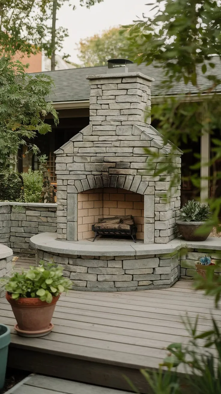 Escape to tranquility in this charming outdoor living space, where a cozy small space fireplace, perfect for intimate gatherings, warms the heart of a meticulously curated garden.  The stone yard fireplace, also functioning as an outdoor chimenea, offers a touch of rustic elegance to this small backyard fireplace setup, complemented by the surrounding wooden deck and potted plants.  This electric outdoor fireplace provides the perfect ambiance without the fuss.