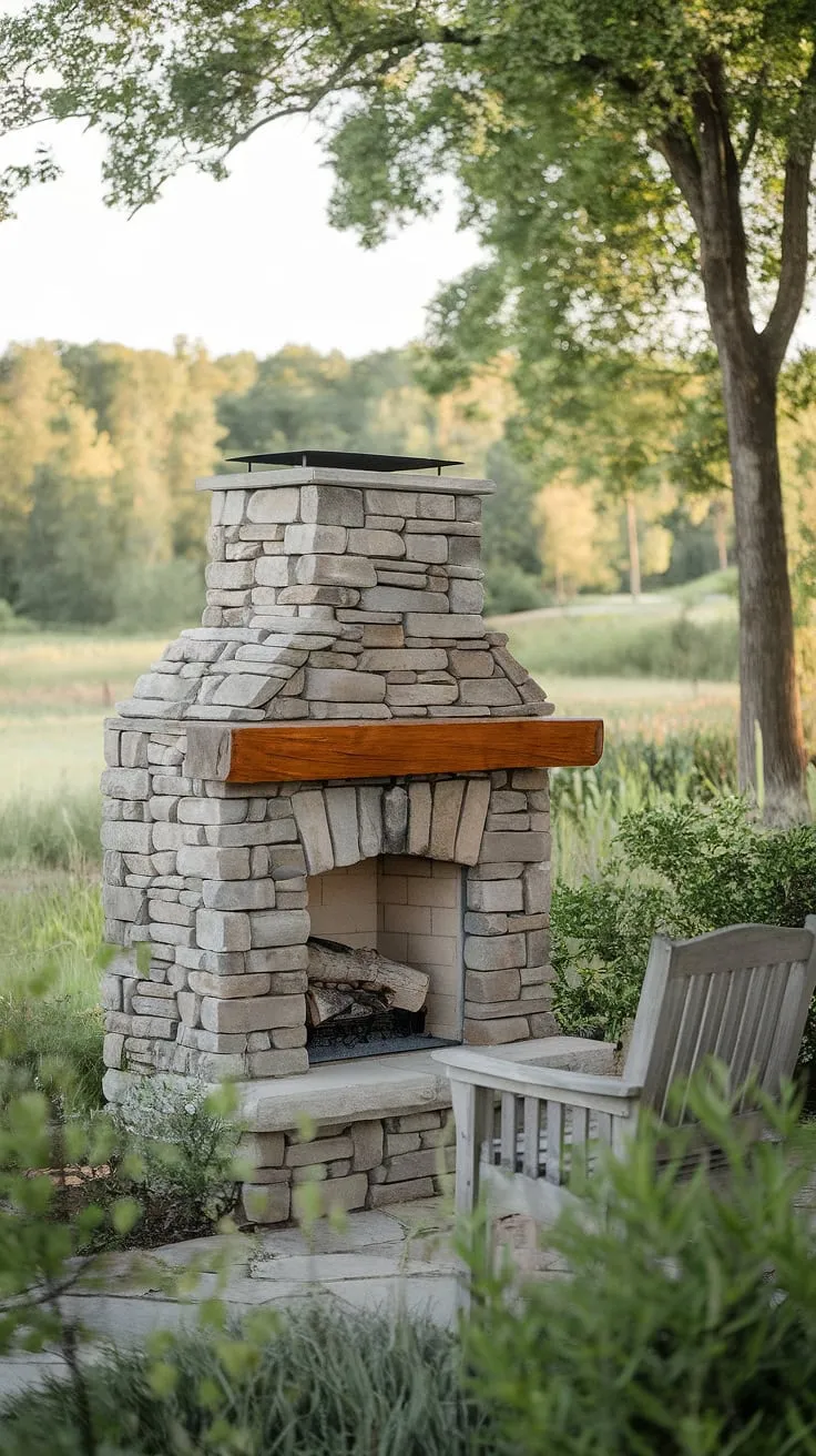 Escape to your own private oasis with this charming stone garden fireplace.  Perfect for cozy evenings in your outdoor living space, this small space fireplace offers the warmth of a traditional fire pit without overwhelming your small backyard fireplace area.  The wooden mantel adds a touch of rustic elegance, complementing the surrounding greenery.  While not an electric outdoor fireplace, its intimate size makes it ideal for a patio fireplace or outdoor chimenea setting.