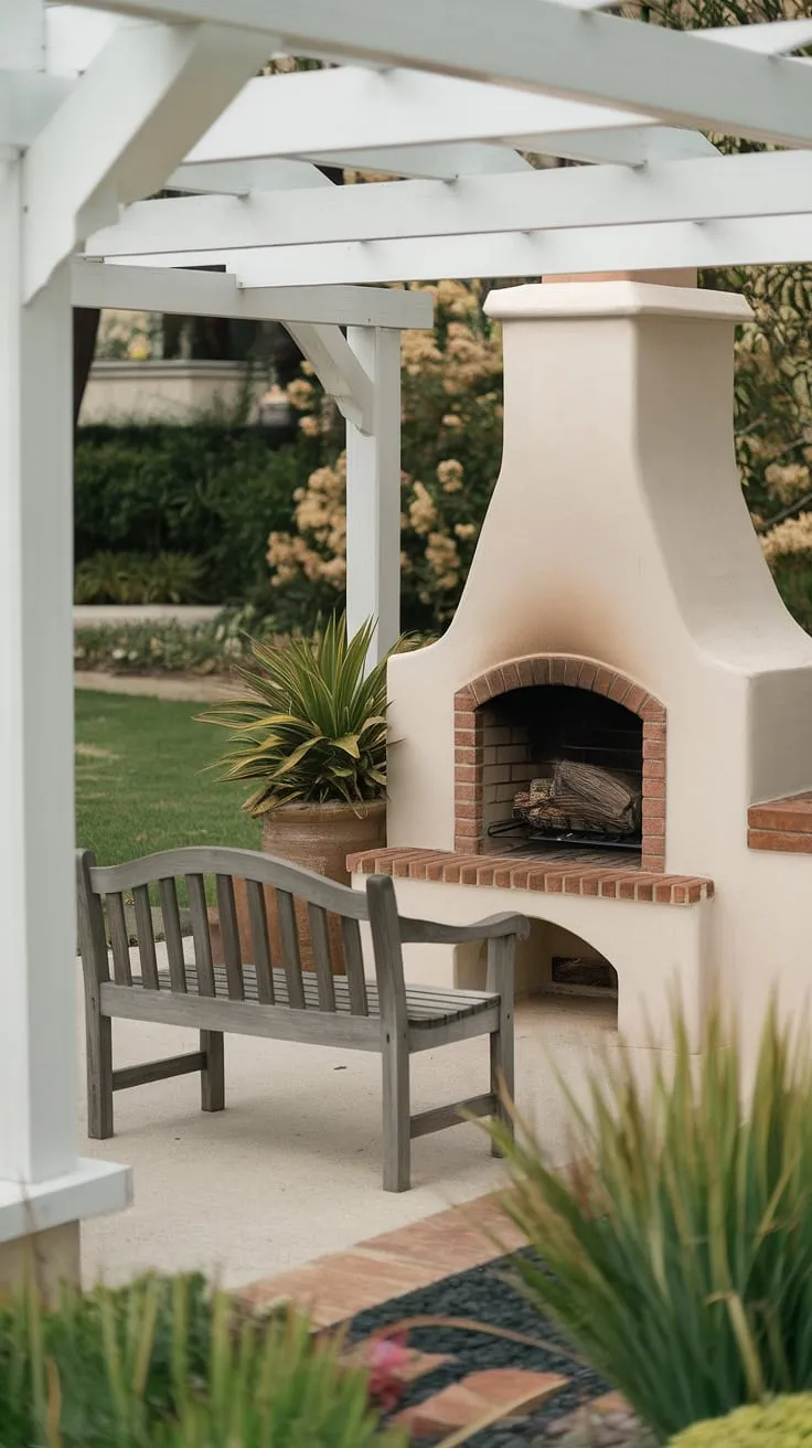Escape to tranquility in your own backyard with this charming small space fireplace.  The electric outdoor fireplace provides cozy warmth, transforming your outdoor living space into a perfect retreat, whether it's a patio fireplace or a garden fireplace nestled amongst your ornamental plants. This small backyard fireplace, functioning as an outdoor chimenea, offers the perfect spot to relax on the wooden bench, enjoying the ambiance of your yard fireplace or outdoor fire pit.