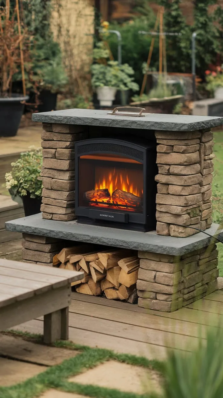 Imagine cozy evenings spent by this charming electric outdoor fireplace, nestled in your own private garden oasis.  The perfect small space fireplace for creating a warm and inviting outdoor living space, this stone garden fireplace offers the ambiance of a traditional outdoor fire pit or outdoor chimenea, without the hassle.  A perfect addition to any patio fireplace setup or small backyard fireplace design.