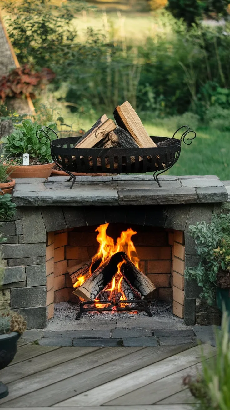Cozy nights and warm gatherings are made perfect in this outdoor living space, thanks to this charming small backyard fireplace.  The garden fireplace, also perfect as a patio fireplace or even a small space fireplace, creates the ideal ambiance.  This outdoor fire pit, a beautiful outdoor chimenea, adds a touch of rustic elegance to any yard.  While not an electric outdoor fireplace, its warmth is undeniably inviting.