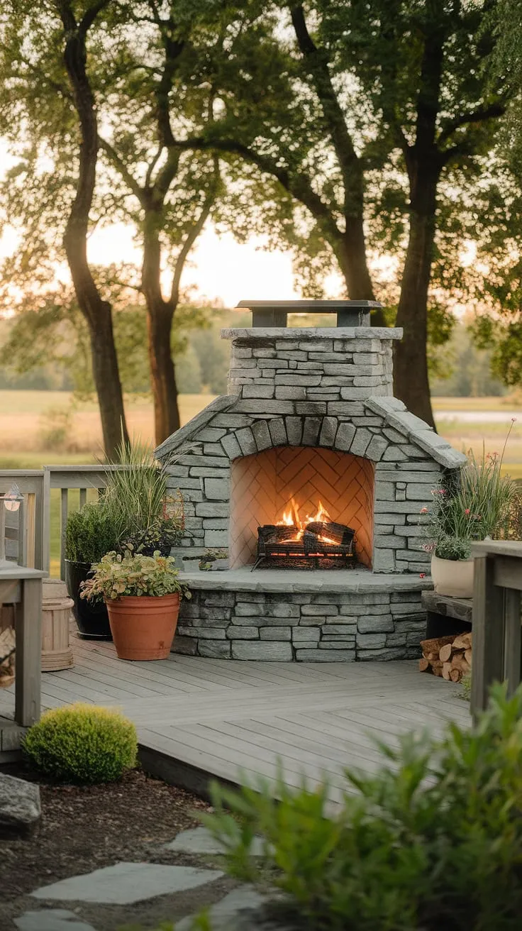 Imagine crisp autumn evenings spent beside this charming garden fireplace, the warmth radiating outwards into the cozy outdoor living space.  Potted plants add a touch of nature to this small space fireplace, creating the perfect blend of rustic elegance and modern comfort. This outdoor chimenea, also functioning as a yard fireplace and patio fireplace, is a dream come true for those seeking a tranquil escape.  Even an electric outdoor fireplace couldn't replicate this ambiance.