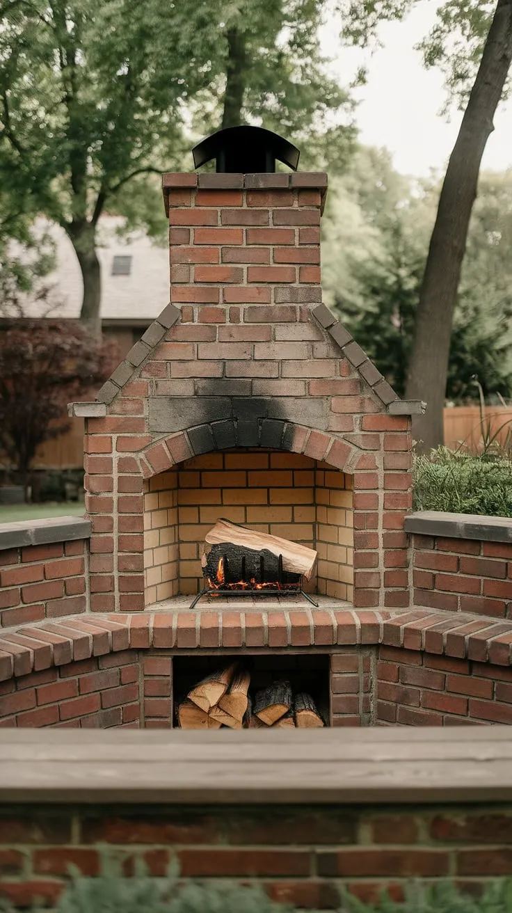 Imagine crisp autumn nights spent beside this inviting outdoor fireplace.  This small space fireplace, nestled perfectly in the garden, creates a magical atmosphere.  The rustic brickwork of this yard fireplace and patio fireplace, paired with the wooden bench, makes it the ideal outdoor chimenea for intimate gatherings.  Whether you prefer a traditional outdoor fire pit or the convenience of an electric outdoor fireplace, the ambiance remains the same: pure serenity in your own outdoor living space.