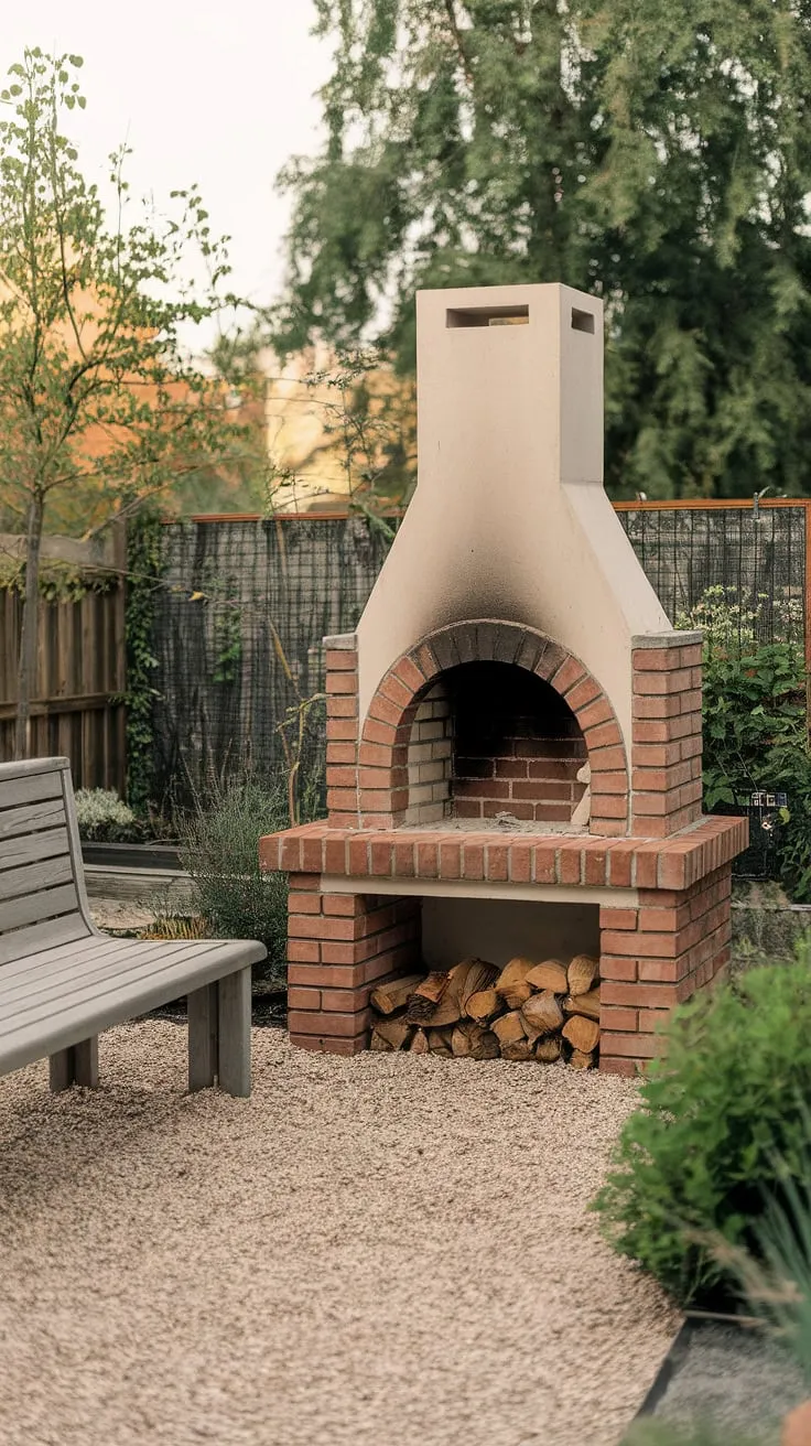 Cozy nights are made for this charming small backyard fireplace.  The perfect blend of rustic elegance, this garden fireplace creates an inviting outdoor living space, ideal for intimate gatherings even in a small space.  Imagine the warmth of an electric outdoor fireplace or a crackling outdoor fire pit in this idyllic setting, complete with a wooden bench for relaxing by the patio fireplace or outdoor chimenea.