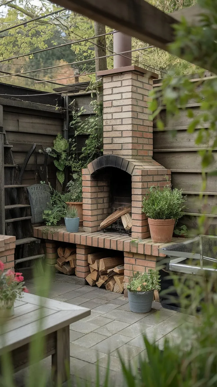 Cozy nights and warm gatherings are made for this charming small backyard fireplace.  The brick garden fireplace, perfect for a small space, creates the ultimate outdoor living space, whether you're using it as a patio fireplace or an outdoor fire pit.  The electric outdoor fireplace option would be a great addition too. This outdoor chimenea adds rustic charm to any yard fireplace setup.