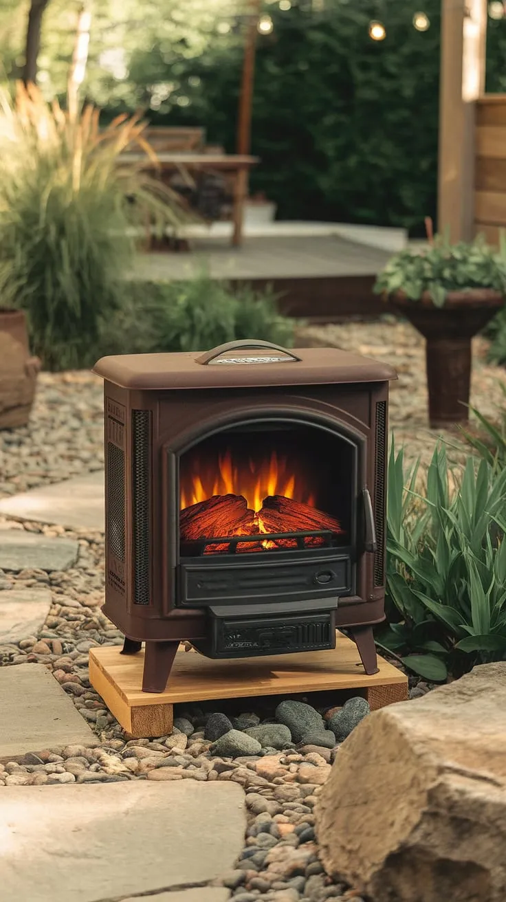 Imagine cozy evenings spent by this charming electric outdoor fireplace, transforming your small backyard fireplace into a magical outdoor living space.  The rustic design of this garden fireplace, perfectly nestled amongst the rocks, creates the perfect ambiance for your patio fireplace or outdoor fire pit, even in a small space fireplace setting. This outdoor chimenea is the perfect addition to any yard fireplace area.