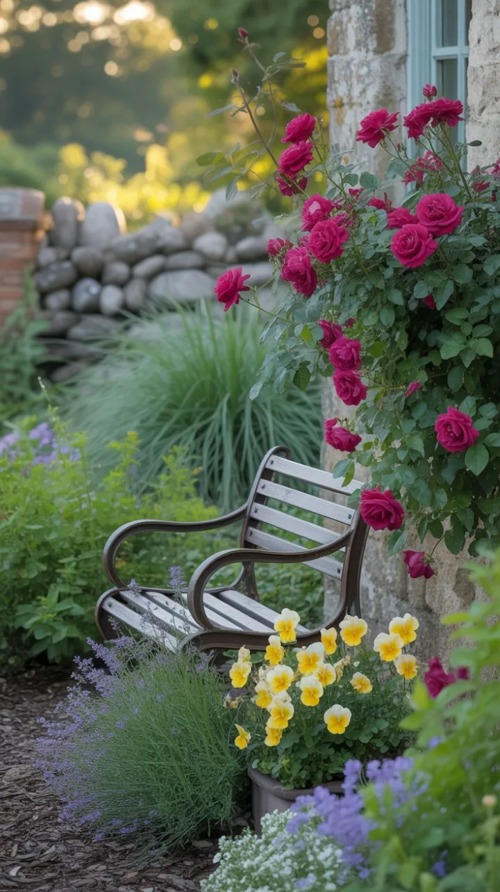 Sunlit Cottage Garden Where Crimson Roses Climb and Lavender Spills