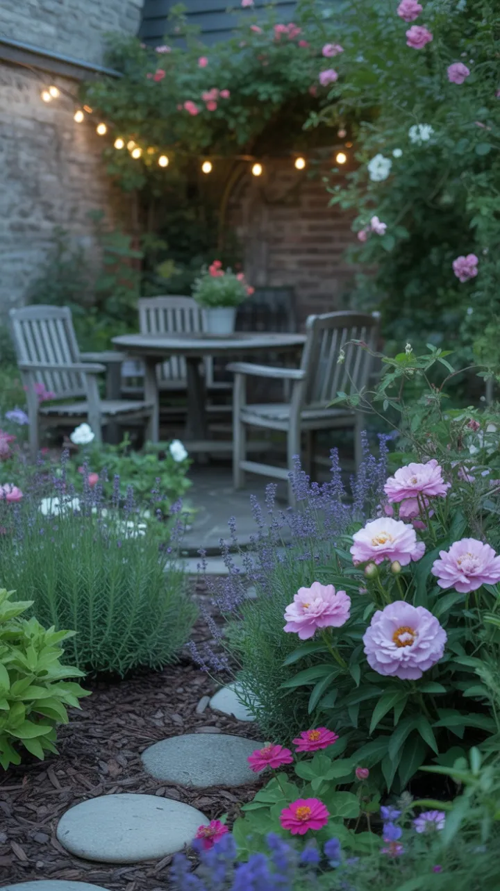 String-Light Glow on a Lavender-Lined Cottage Path