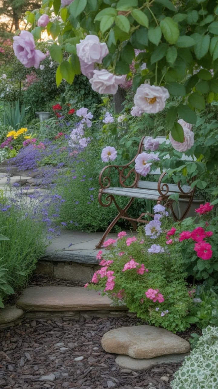 Sunlit Cottage Garden Sanctuary Amid Climbing Roses and Weathered Stone
