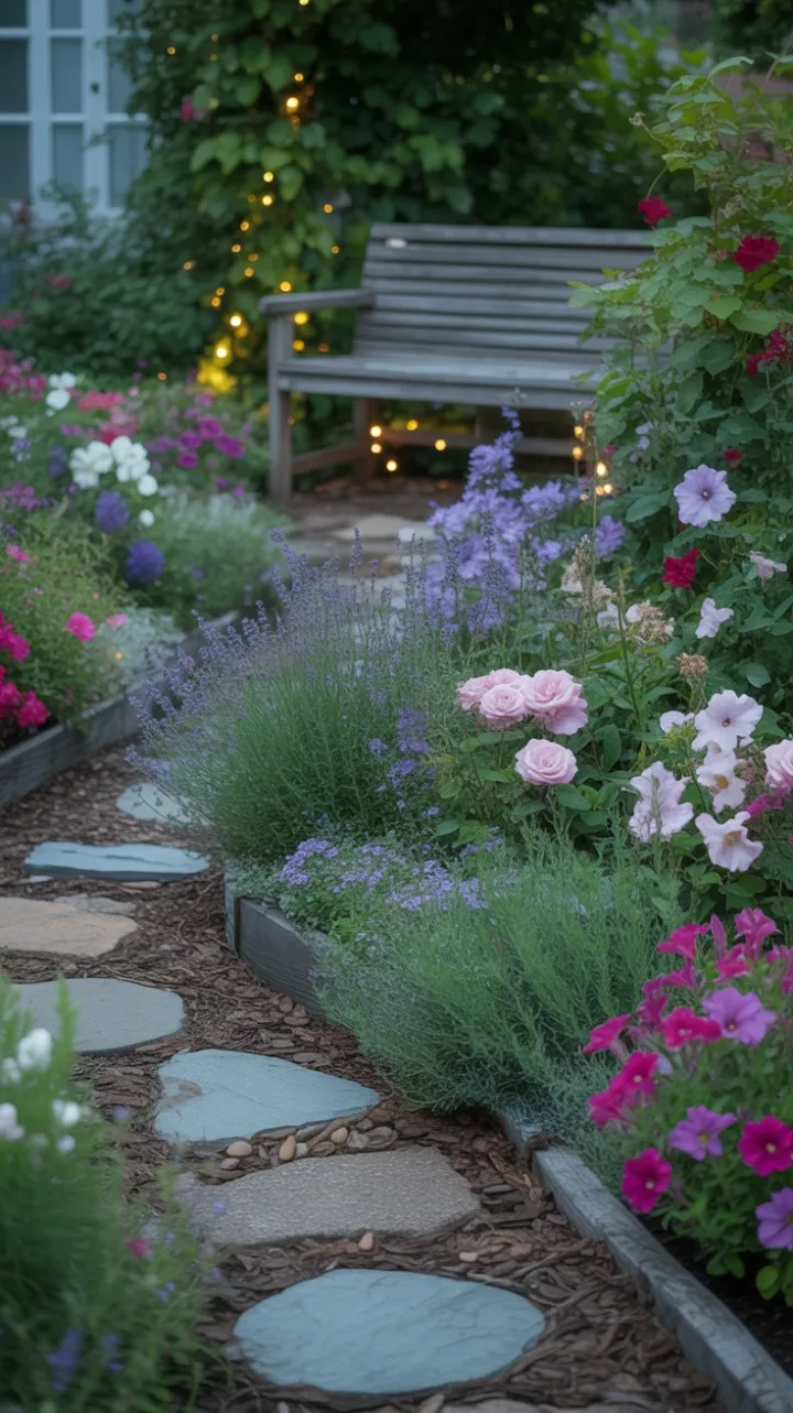 Cottage Garden Glow with Lavender, Roses and Petunias