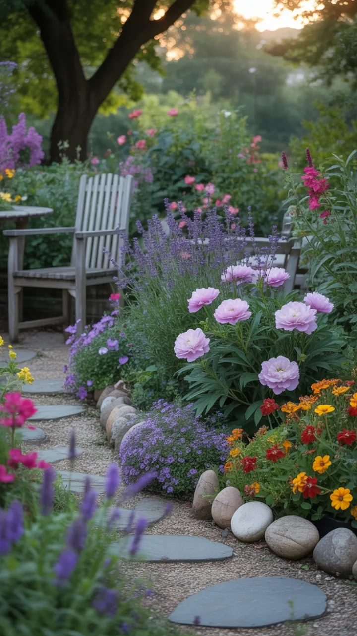 Sunlit Cottage Garden Bursting with Lavender, Peonies, and Warm Hues