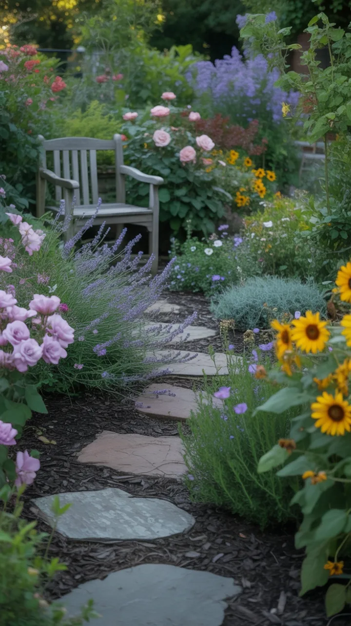 Sunlit Stone Path Through a Lavender and Rose-Filled Cottage Garden