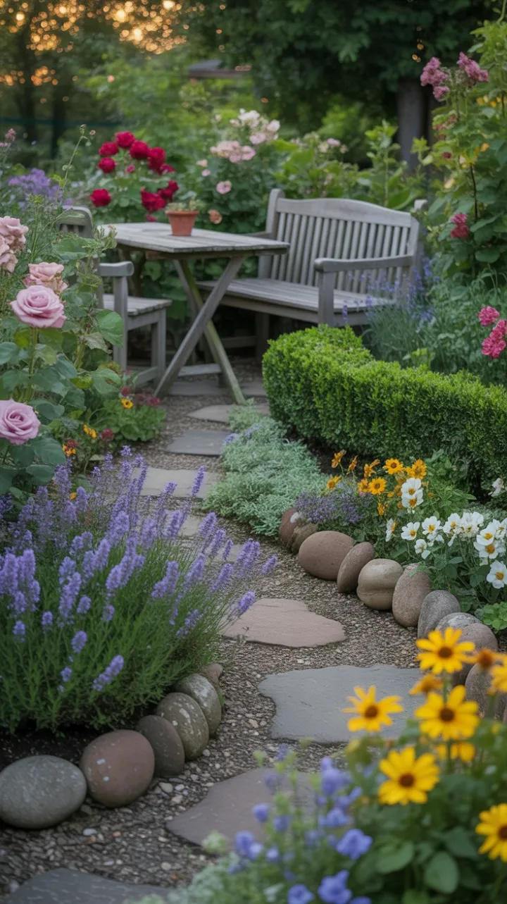 Sunlit Cottage Path Winding Through Lavender, Roses, and Sunflowers