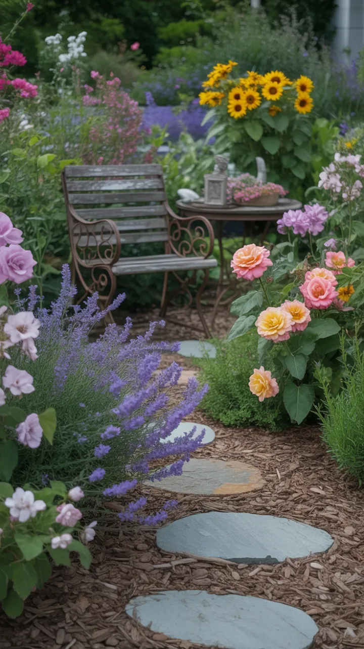 Serene Sunlit Cottage Garden Path of Lavender Roses and Sunflowers