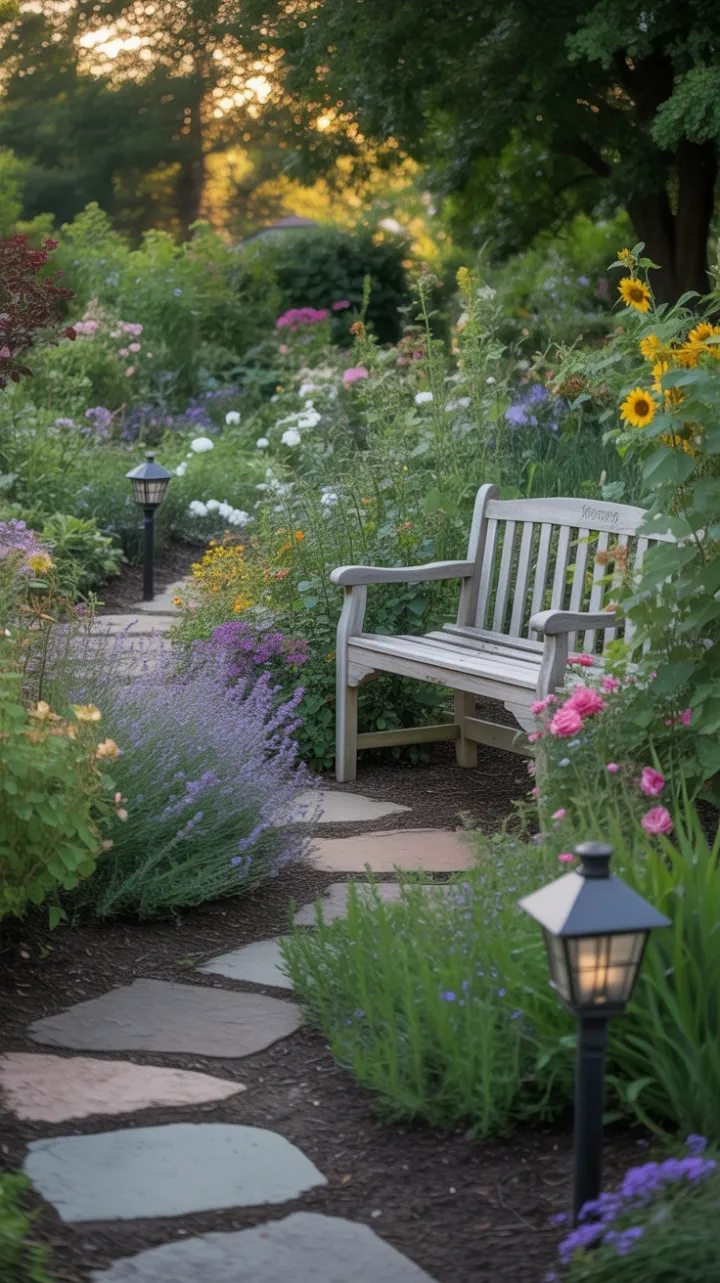Sun-Kissed Cottage Garden Path to a Weathered Bench