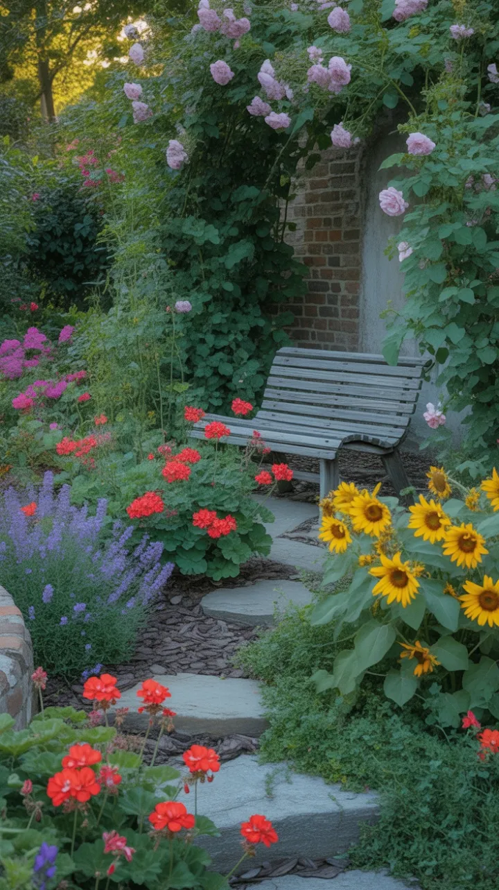 Sunlit Cottage Garden Pathway to the Hidden Rose Bench