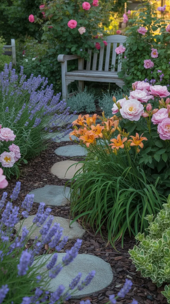 Sunlit Cottage Path Through Lavender, Daylilies and Climbing Roses