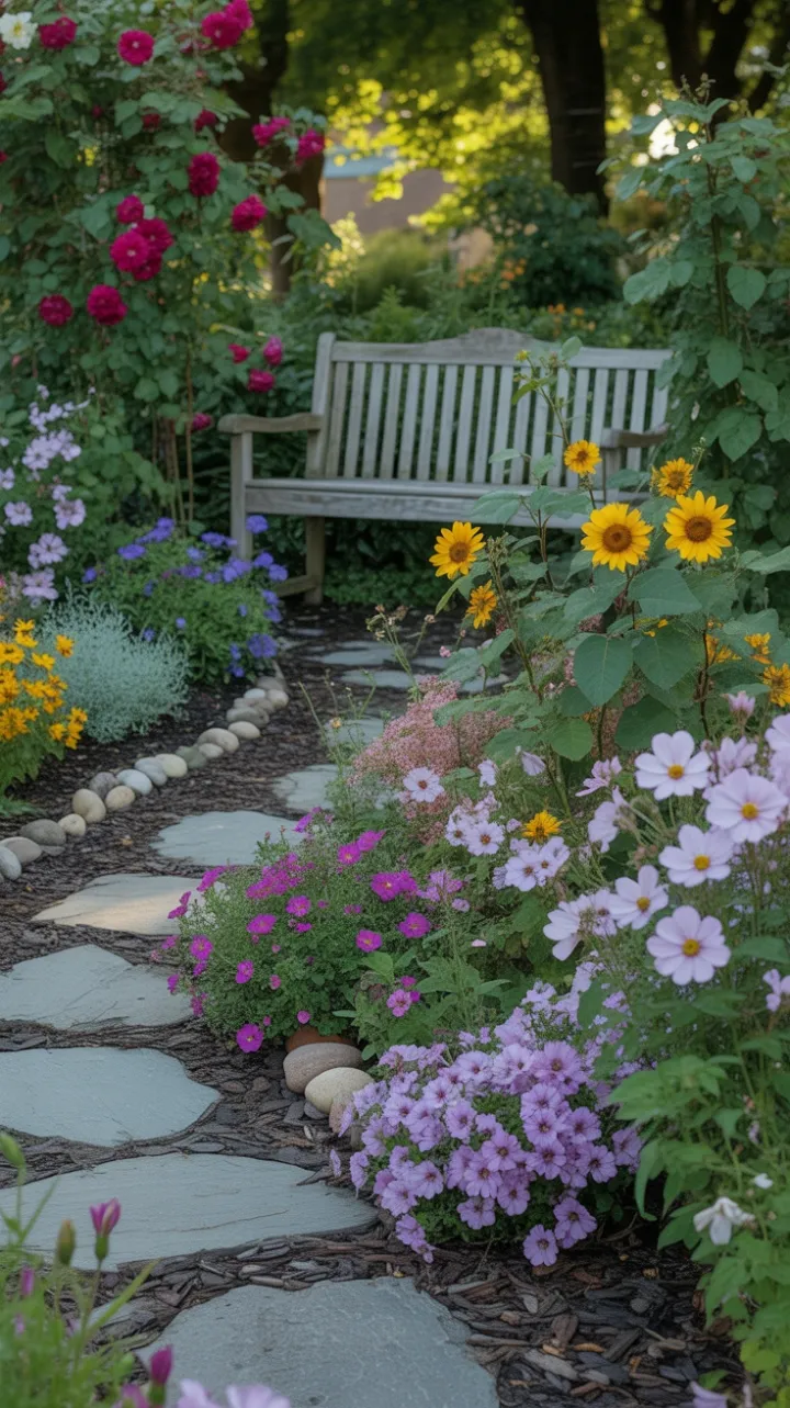 Sunlit Cottage Pathway to a Bench Hidden in Crimson Roses