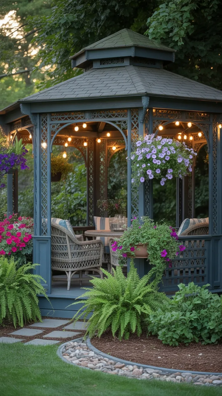 Golden-Hour Victorian Gazebo Wrapped in Petunias and Light