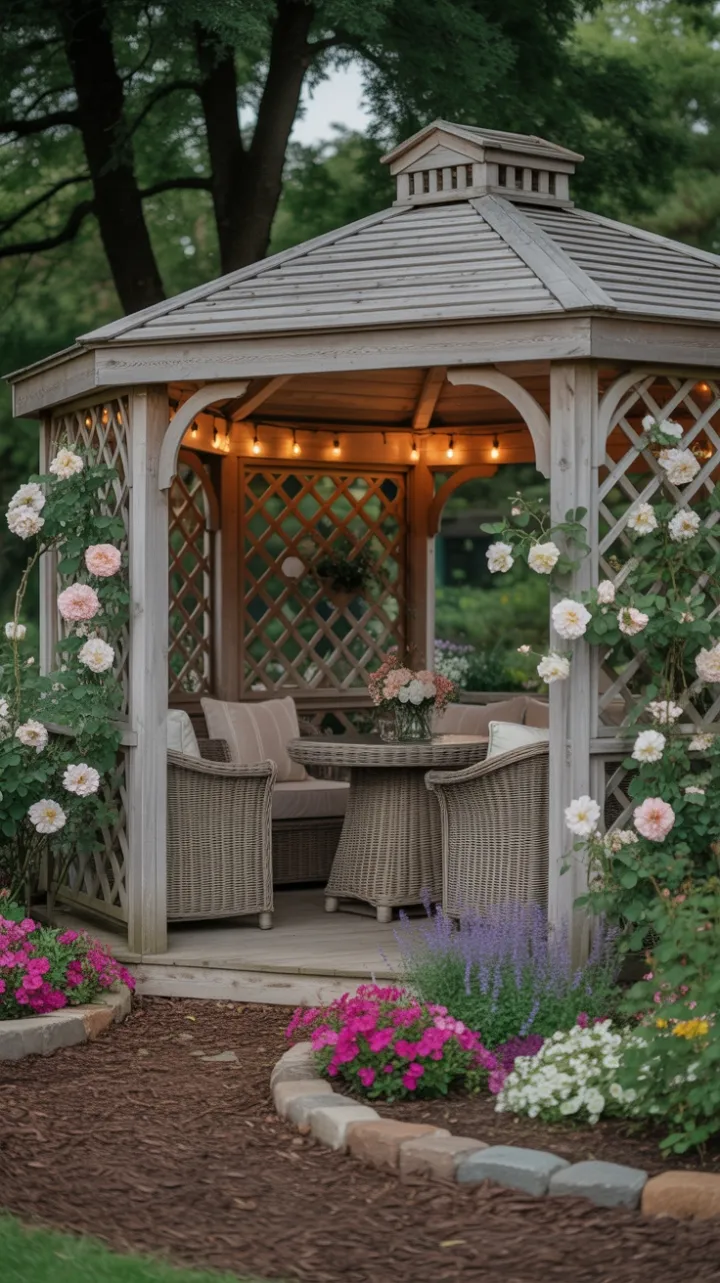 Rose-Laced Wicker Haven Under Warm Garden Lights