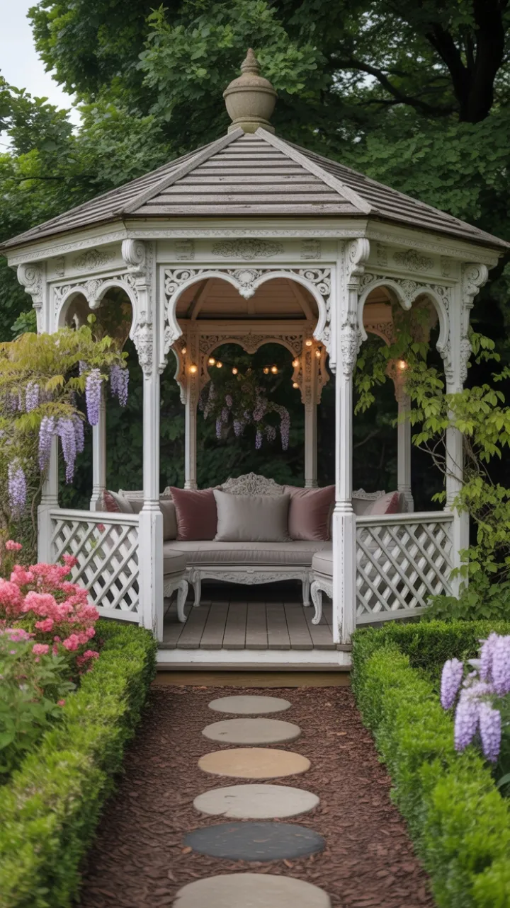 Wisteria-Kissed Victorian Gazebo in a Lush Secret Garden