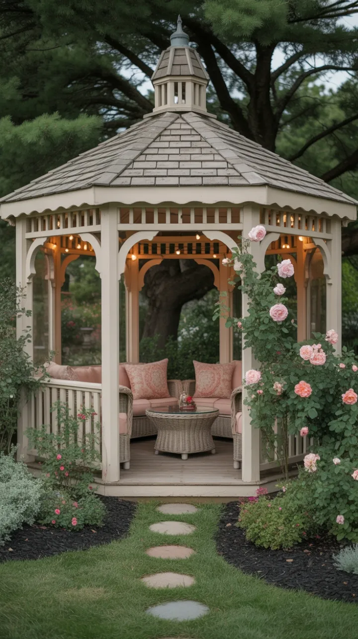 Victorian Rose‑Draped Gazebo in a Lush Garden Retreat