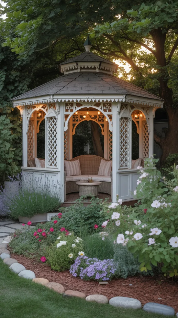 Enchanted Victorian Gazebo Amid Lavender and Roses