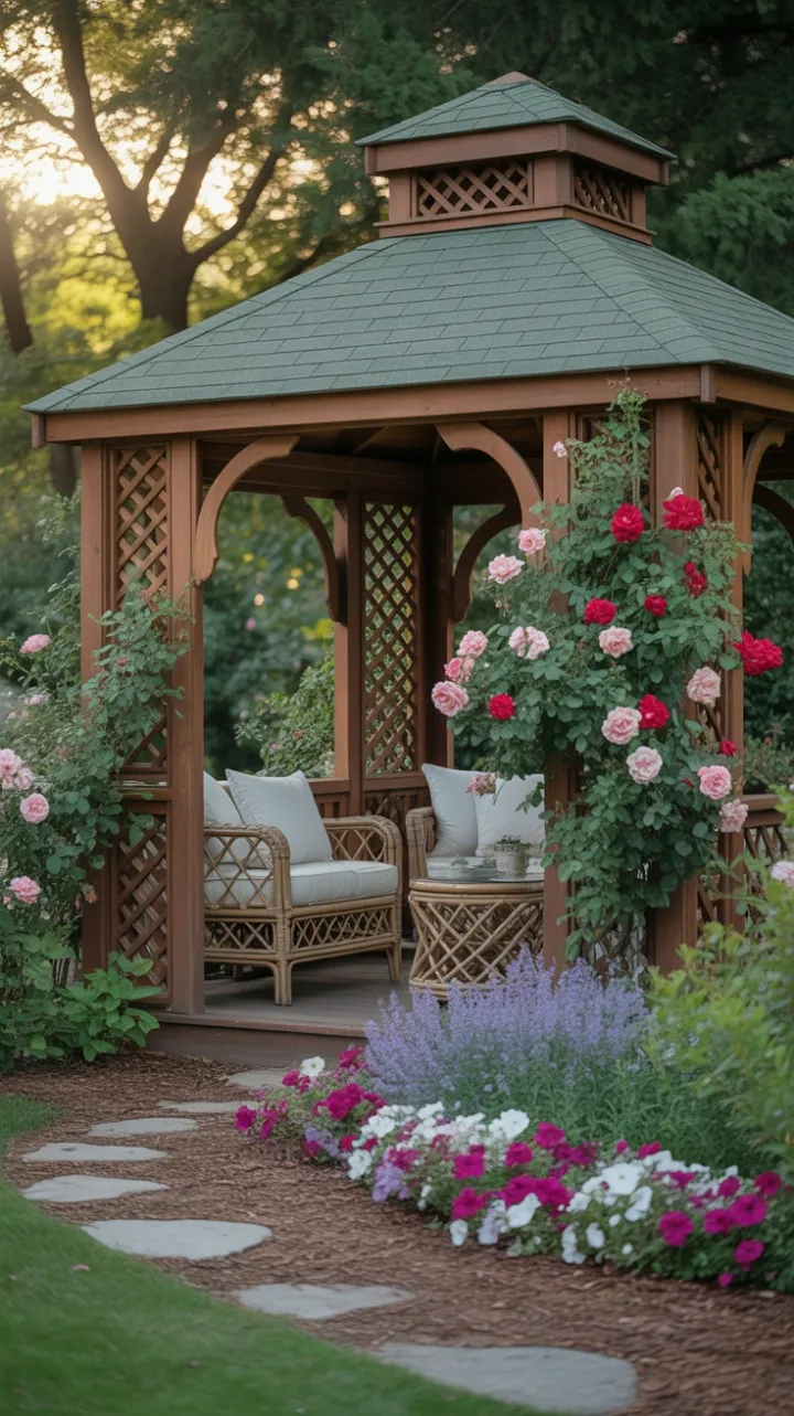Rose-Draped Garden Gazebo with Cozy Rattan Seating