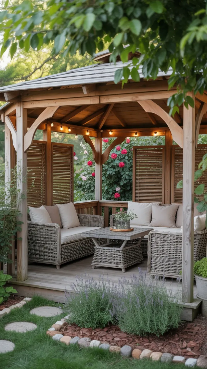 Sunlit Gazebo Sanctuary Wrapped in Roses and Lavender