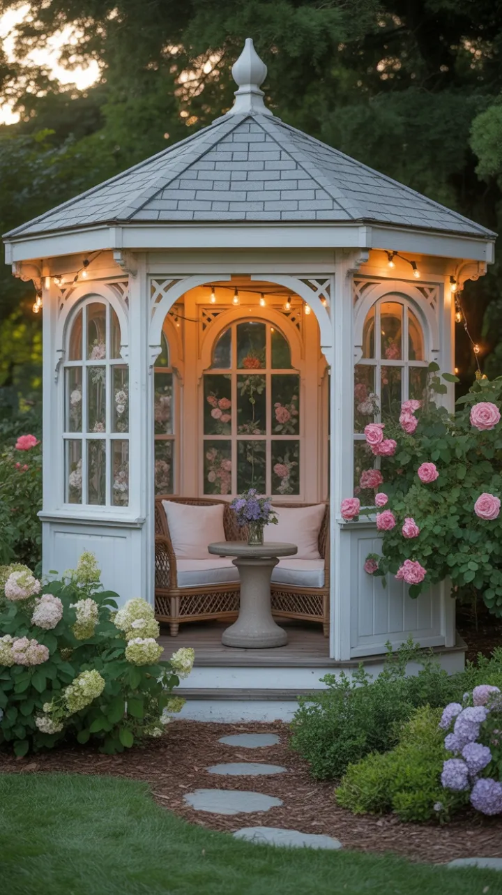 Sunlit Victorian Gazebo Amid Cascading Roses