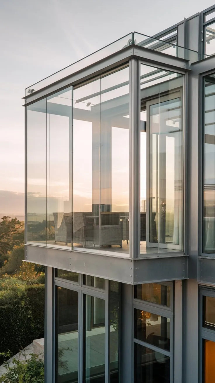 A stunning metal and glass house, bathed in soft light, showcases a high Juliet balcony offering panoramic vistas