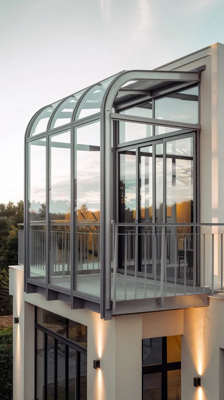 A clean-lined home reveals a glass-railed balcony perched high above, showcasing a stunning panorama