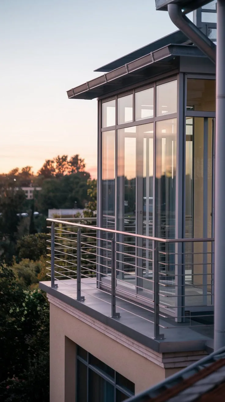 High above, a sleek home glows, its second-story glass balcony offering a captivating view of the surrounding landscape