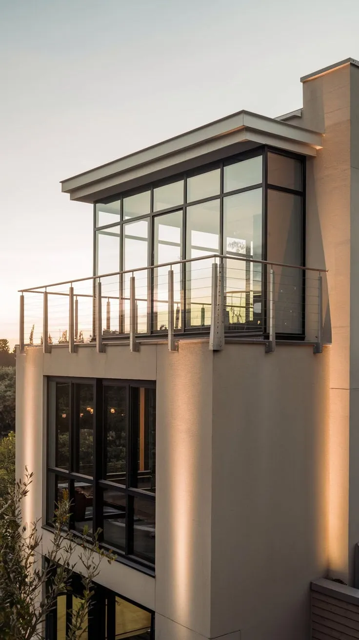 A warm glow embraces your neutral-toned home, its upper-level glass Juliet balcony framing a scenic vista beyond the metal railing