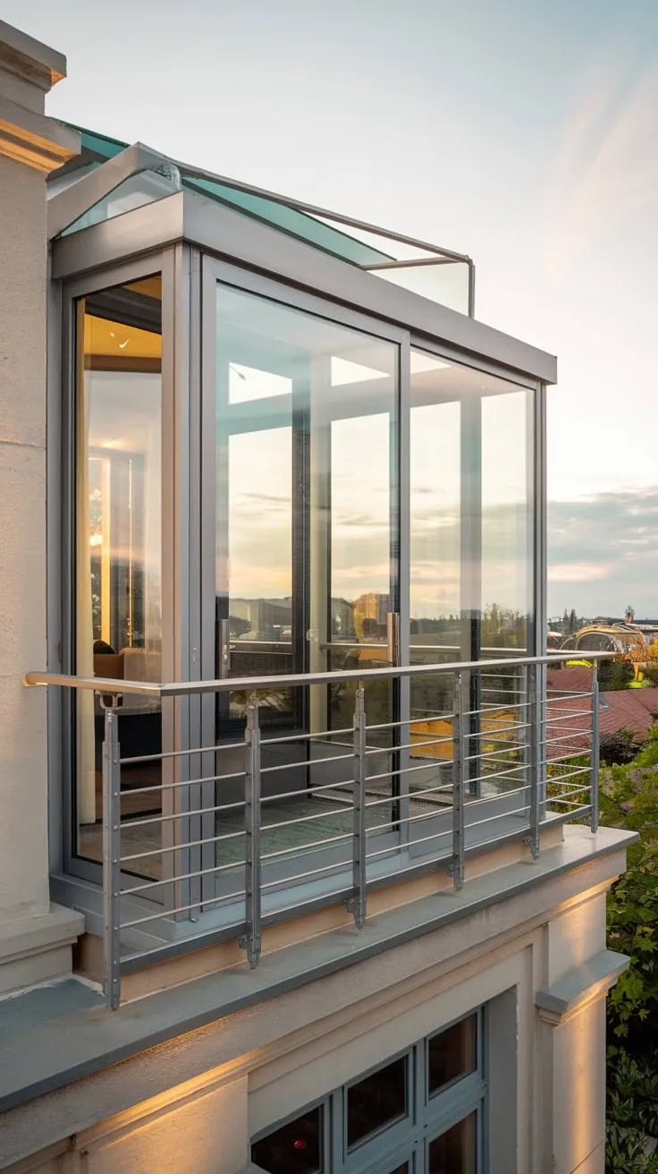 From your high-rise home, a glass Juliet balcony with a metal railing frames a stunning, softly lit cityscape