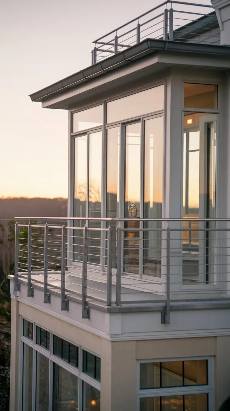 A tranquil scene unfolds from your home's lofty glass balcony, bathed in gentle light