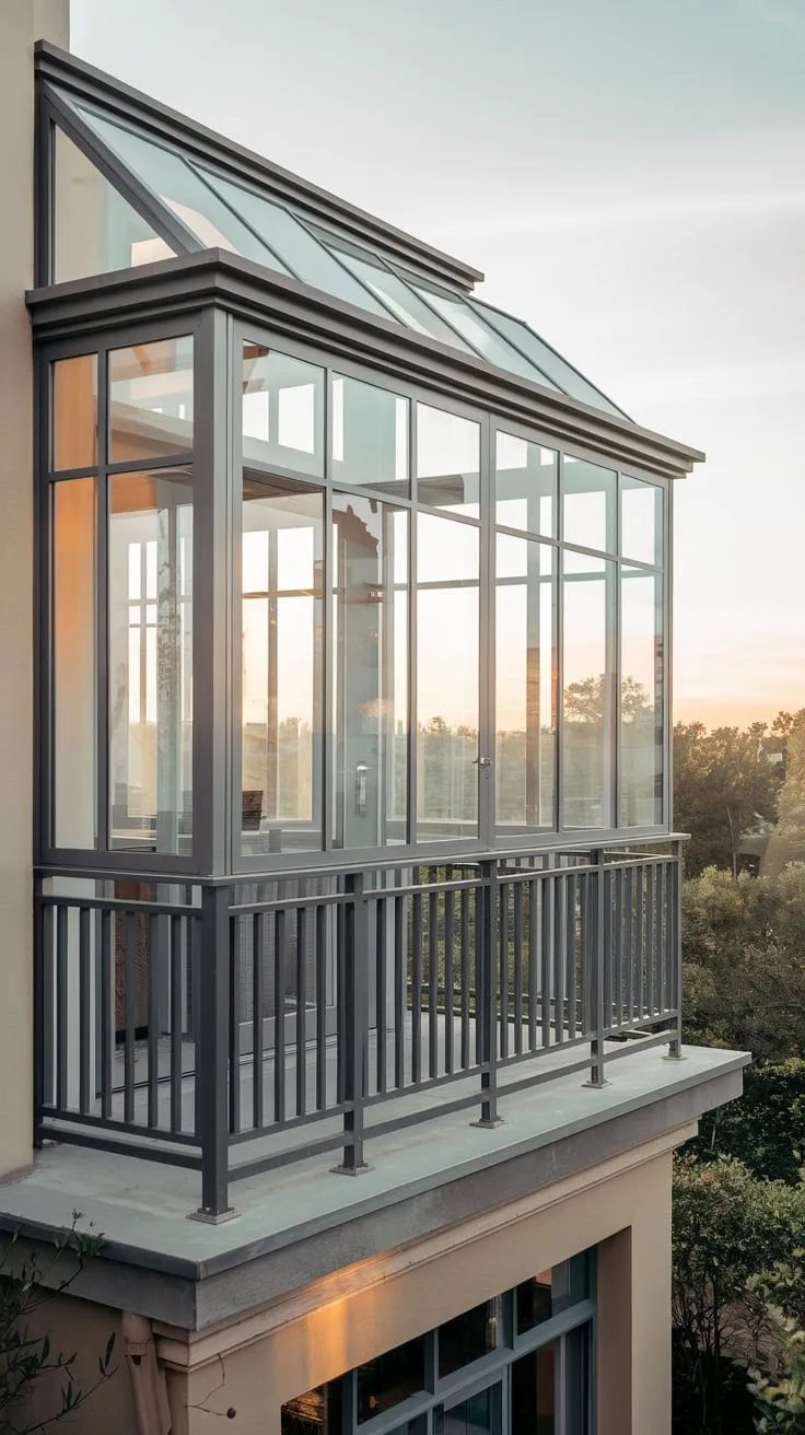From your second-story metal Juliet balcony, you gaze out at the surrounding area bathed in the soft glow of your home's interior lighting