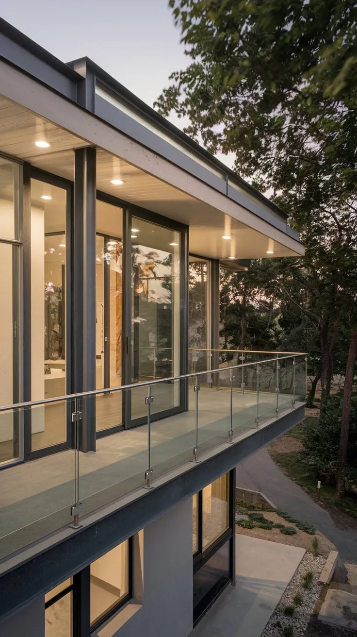 A sleek home of wood, glass, and metal beckons you to its high Juliet balcony, showcasing a tranquil view through the evening