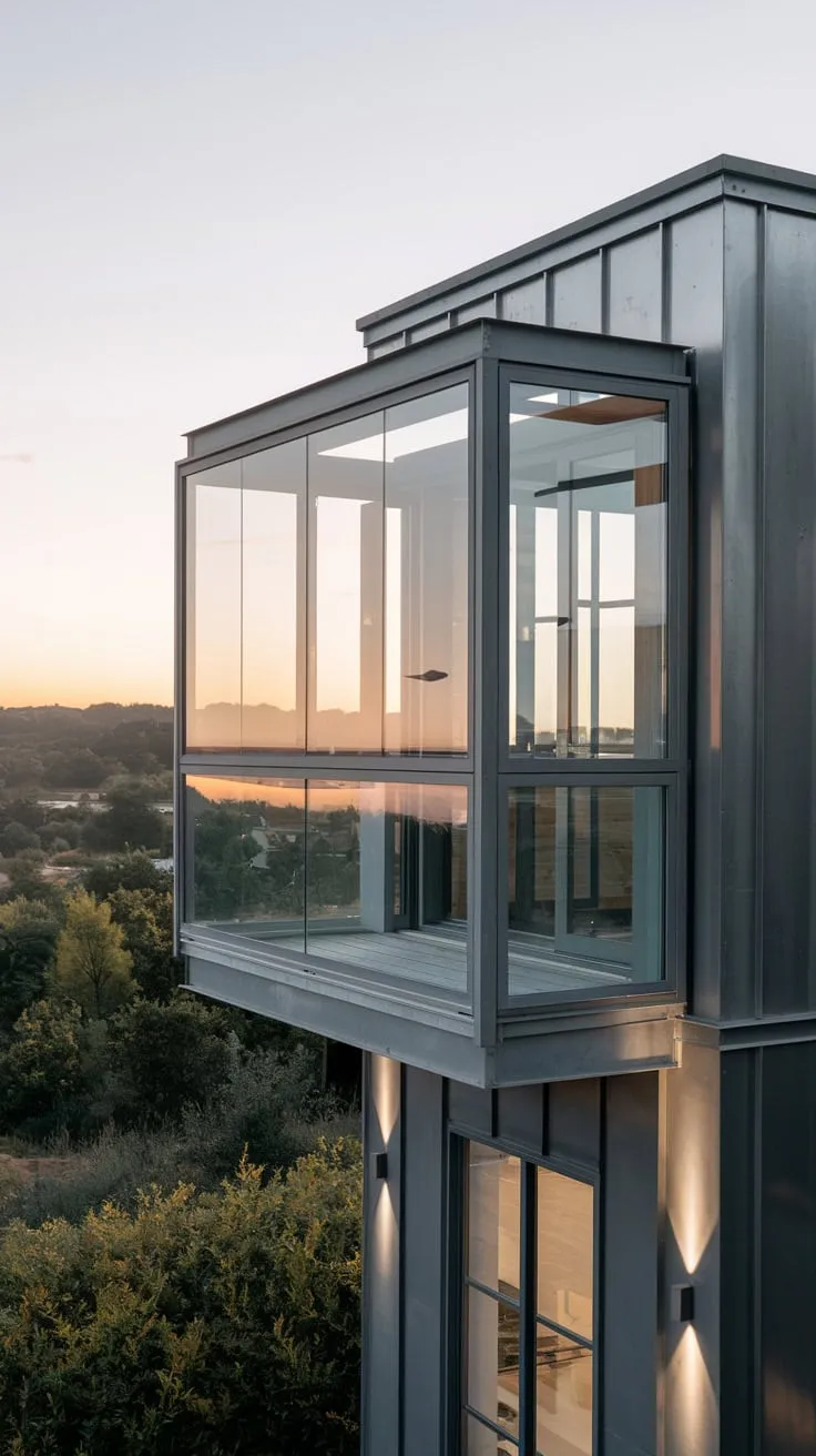 From your high-perched metal home, a glass Juliet balcony offers a stunning view, bathed in the soft glow of evening light