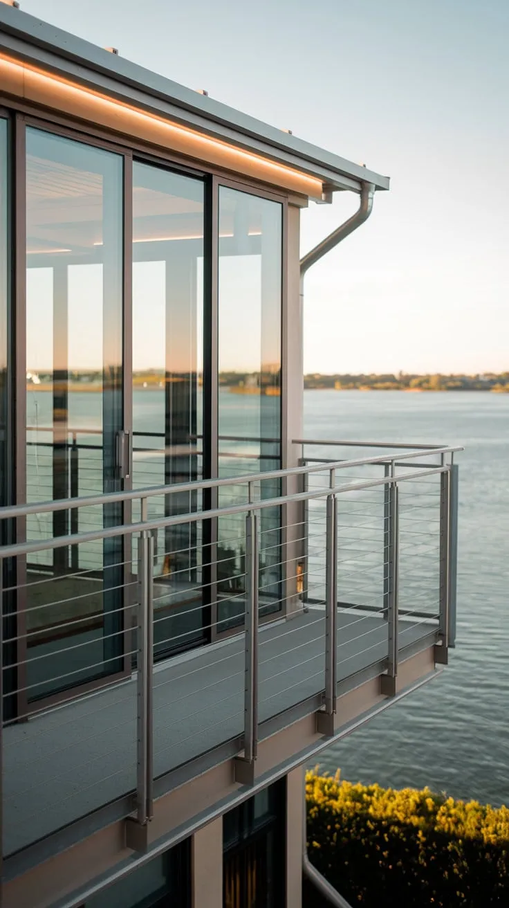 High above, a home's glass balcony with a metal railing overlooks calming water, bathed in gentle light