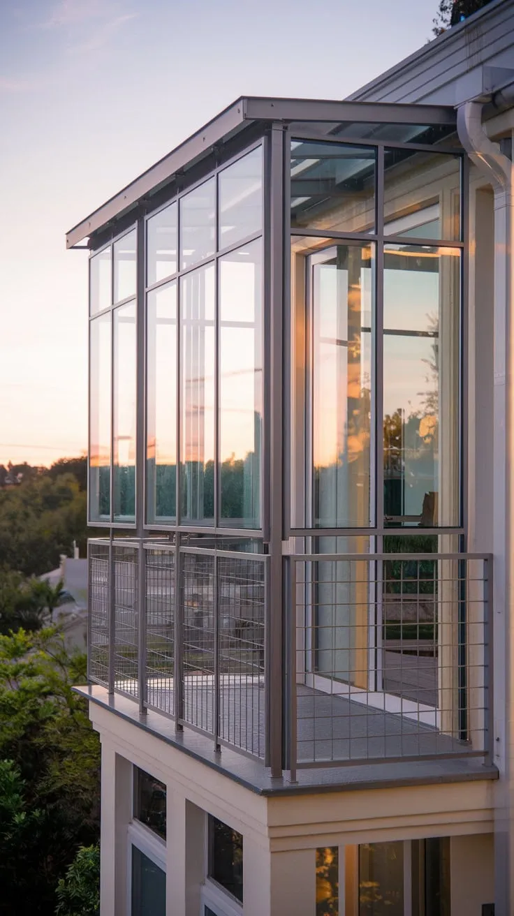 A stunning home, bathed in soft light, reveals a picturesque vista through its elegant metal-railed glass balcony