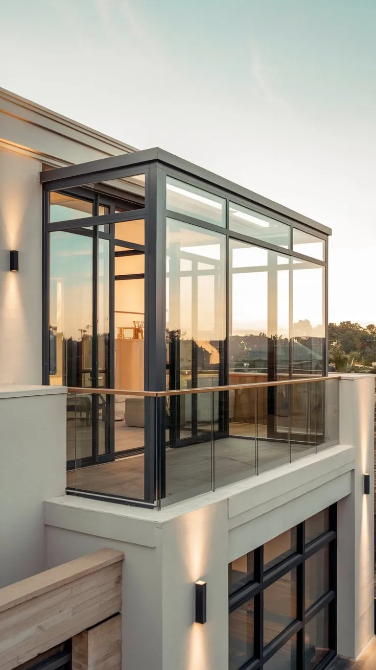 From your minimalist home's second-story Juliet balcony, a tranquil scene unfolds under the soft glow of evening light
