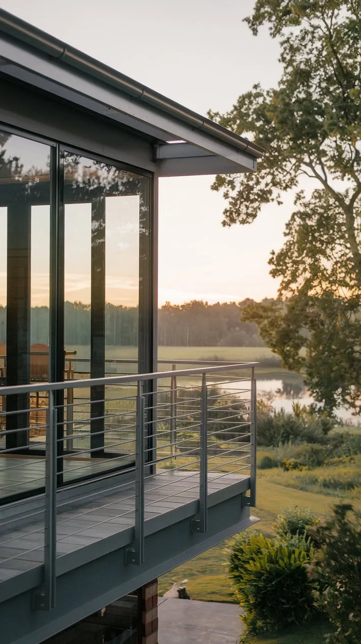 A serene landscape unfolds beyond the metal railing of your home's second-story glass balcony