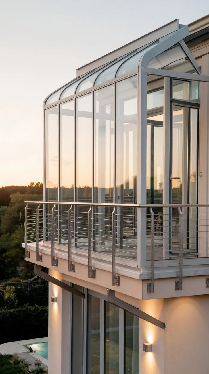 A clean-lined home, bathed in soft light, showcases a high Juliet balcony with metal railings framing panoramic surroundings