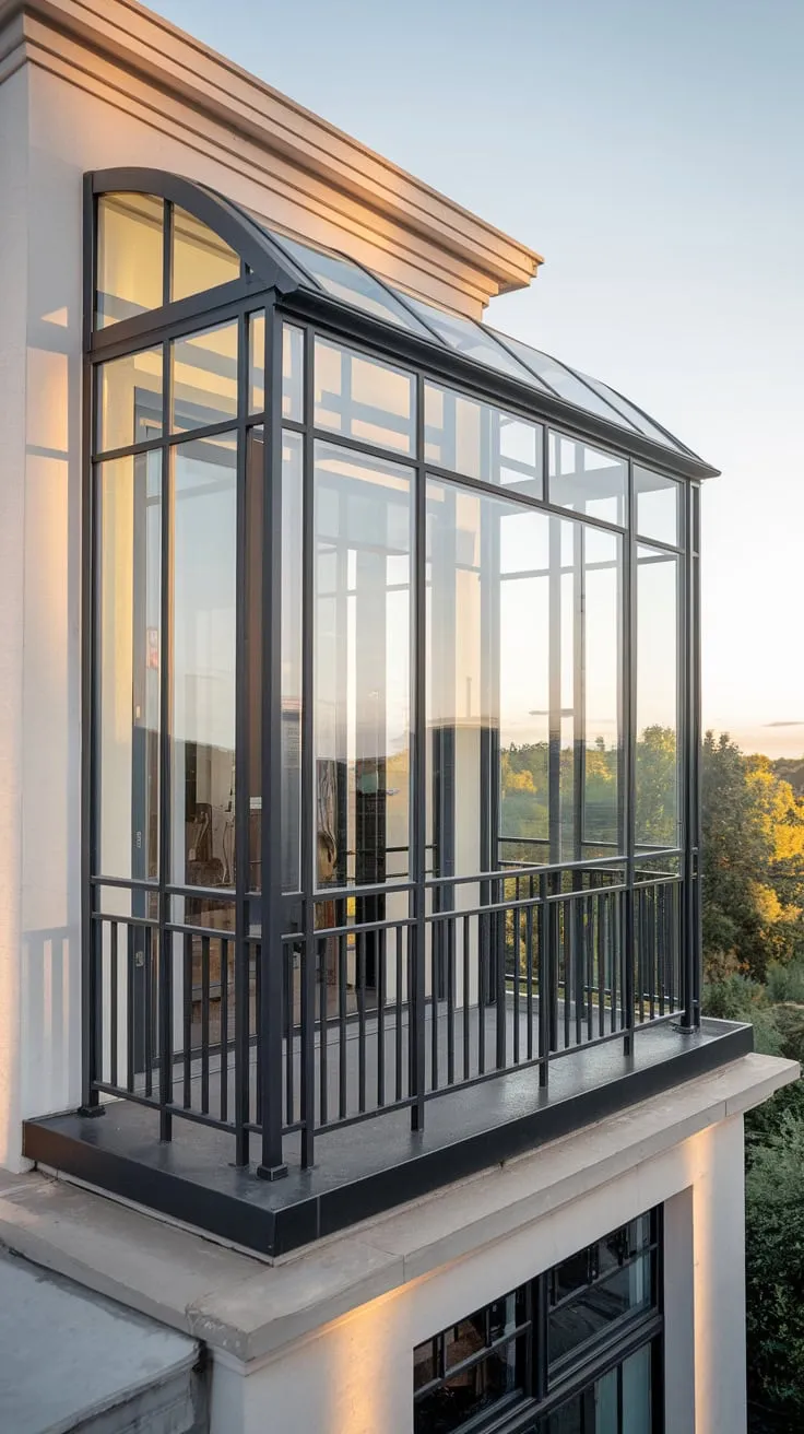 A high-composition photograph captures a home's attractive exterior, showcasing a metal Juliet balcony and stunning surroundings