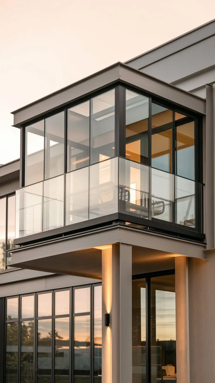 A second-story glass Juliet balcony, framed by a sleek metal exterior and bathed in soft light, reveals a peaceful vista from your minimalist home's neutral palette