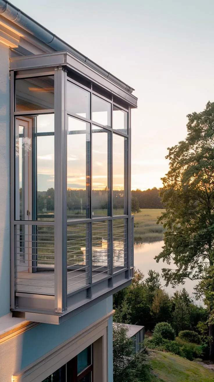 A serene landscape unfolds beyond your home's metal Juliet balcony, bathed in soft light as you gaze from the second story